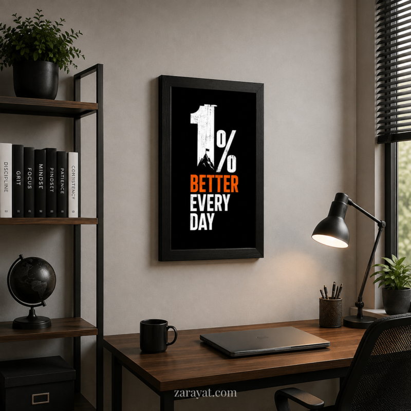 1% Better Every Day motivational wall art with black background, white and orange typography, and mountain graphic