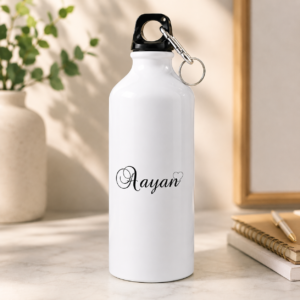 Aayan name water bottle in white with black script lettering and heart detail