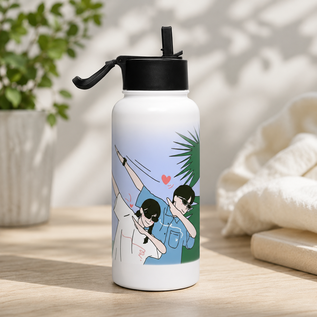 White aesthetic graphic water bottle with cartoon duo, sunglasses, palm leaves and heart details