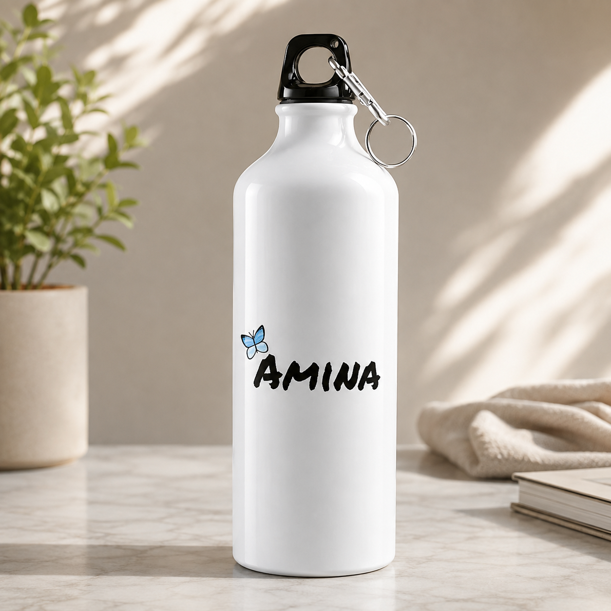 Amina Name Water Bottle with Blue Butterfly Design