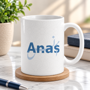 White Anas personalized name mug with blue lettering and decorative design