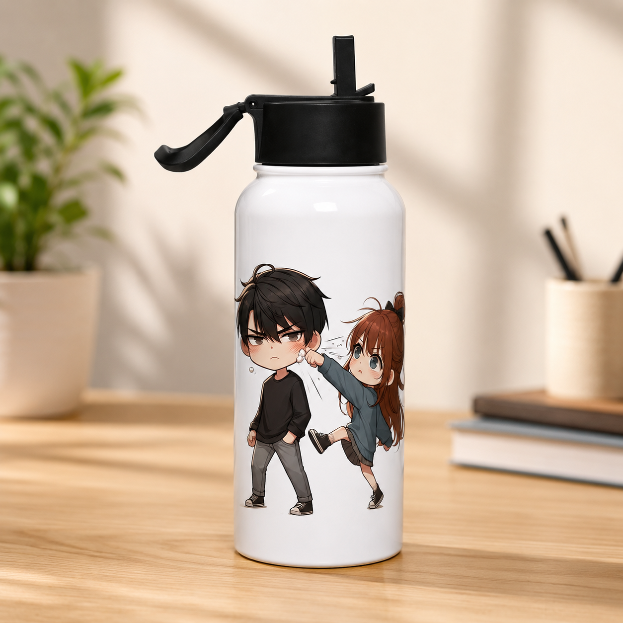 White anime graphic water bottle featuring a playful chibi-style boy and girl character illustration with a black flip-top lid
