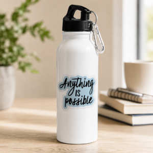 Anything Is Possible motivational water bottle with white body, black lid and carabiner