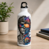 White artistic graphic water bottle with split-face portrait, sunglasses and colorful urban artwork