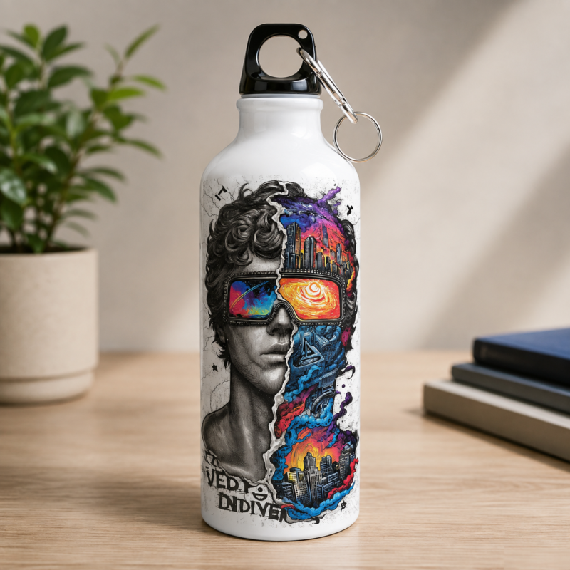 White artistic graphic water bottle with split-face portrait, sunglasses and colorful urban artwork