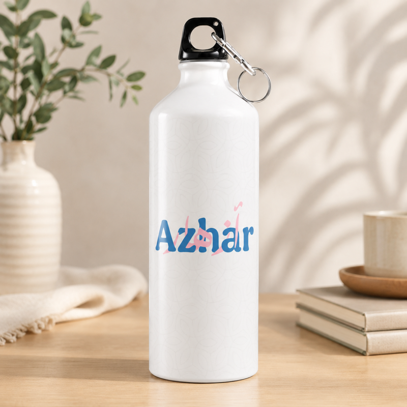 Azhar Name Water Bottle with Blue & Pink Design