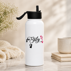 White couple gift water bottle with “You & Me Forever & Always” romantic heart design and black flip-top lid