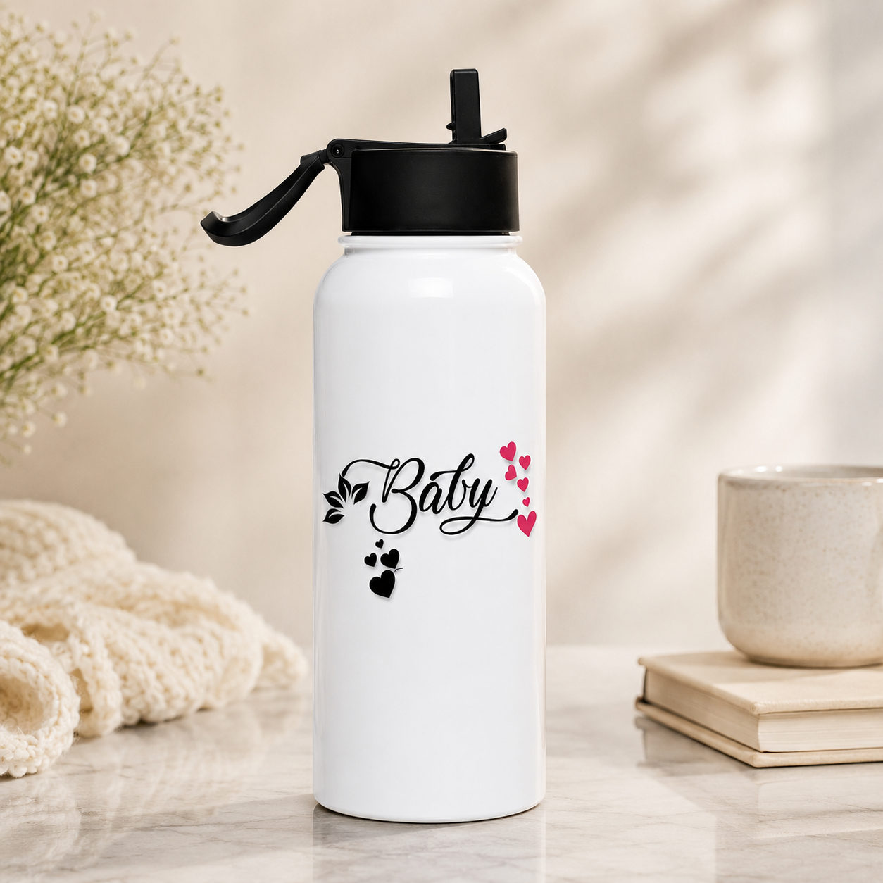 White couple gift water bottle with “You & Me Forever & Always” romantic heart design and black flip-top lid