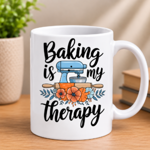 Baking Is My Therapy sticker with stand mixer, rolling pin, flowers and decorative leaves