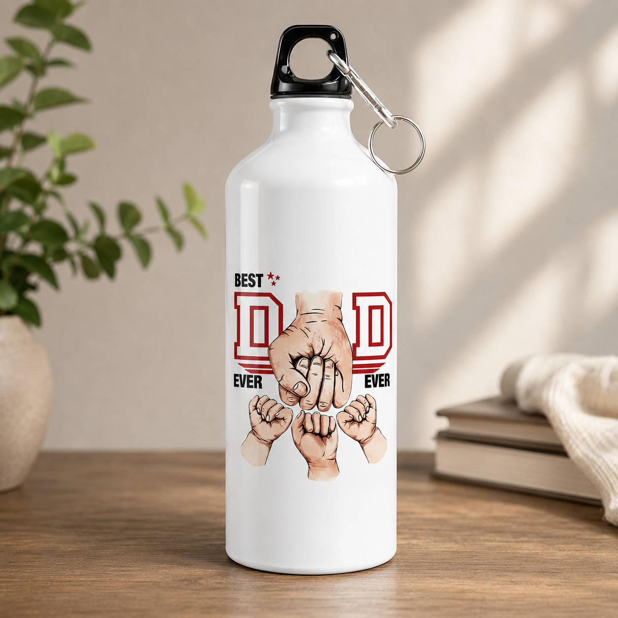 White Best Dad Ever gift water bottle with DAD lettering and father-child hand design
