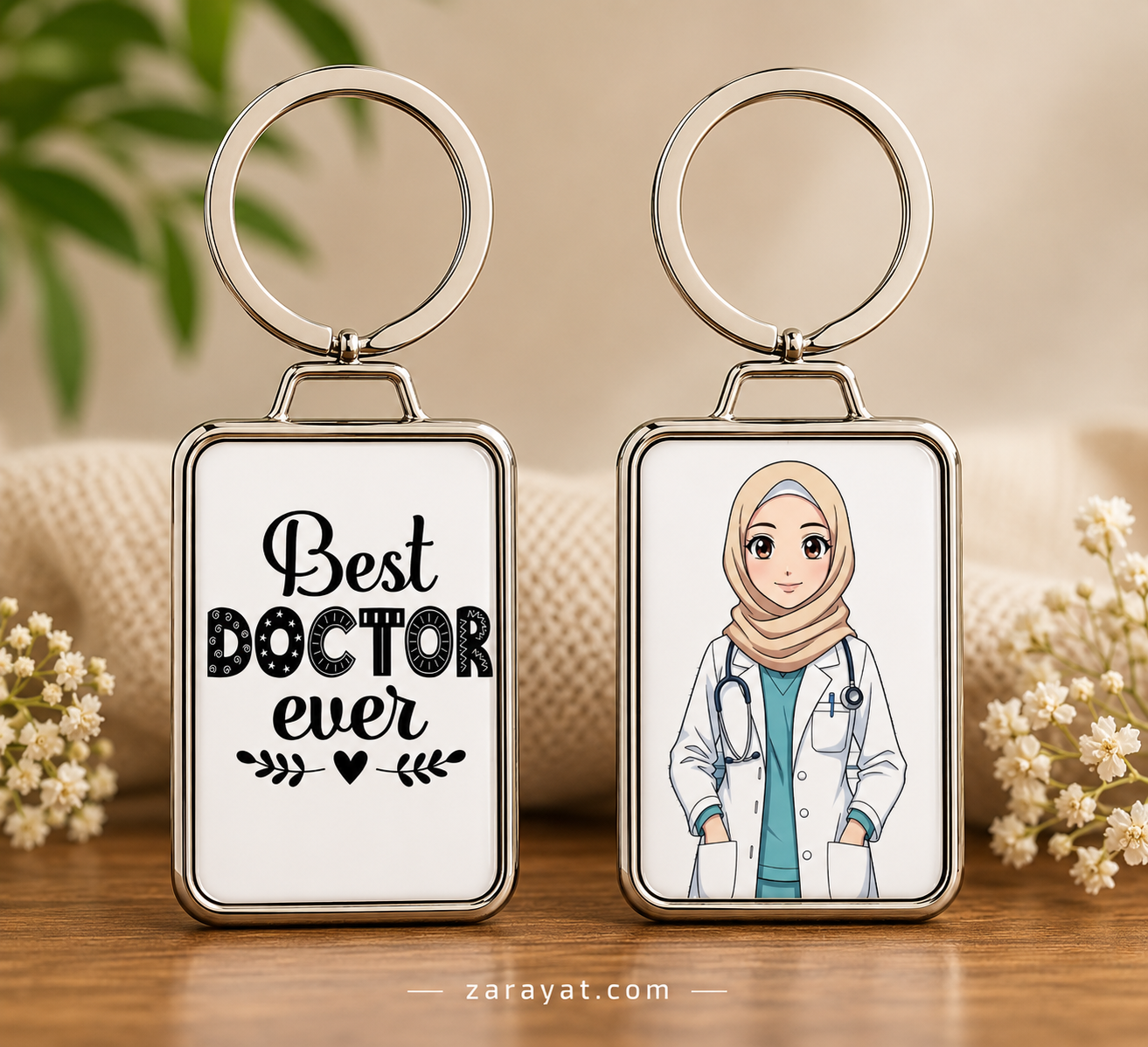 Best Doctor Ever keychain with female doctor illustration and stethoscope