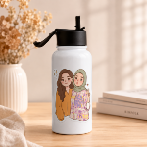 White best friend water bottle with cute illustrated girls friendship design