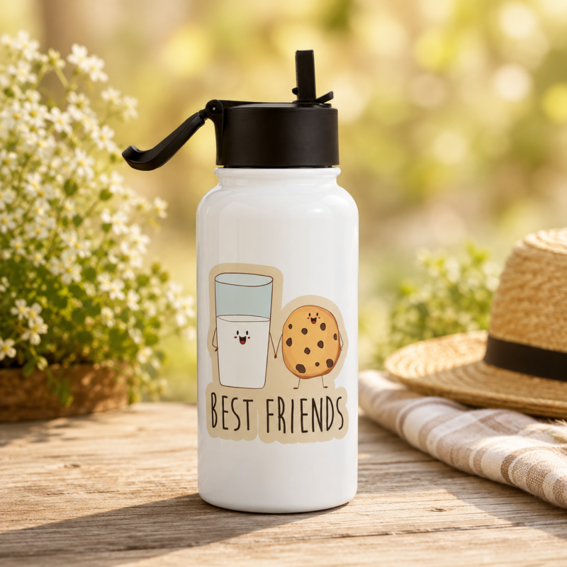 White best friend water bottle with cute glass and cookie friendship graphic