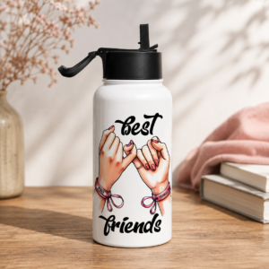 White best friends water bottle with pinky promise hand illustration and black script lettering