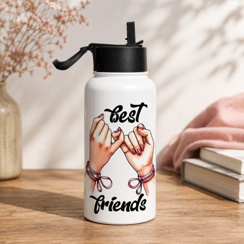 White best friends water bottle with pinky promise hand illustration and black script lettering
