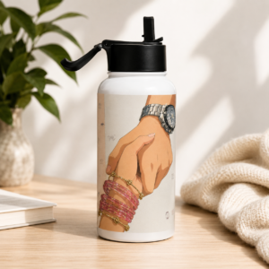 White best friends water bottle with pinky promise hands, bracelets, watch illustration and friendship lettering