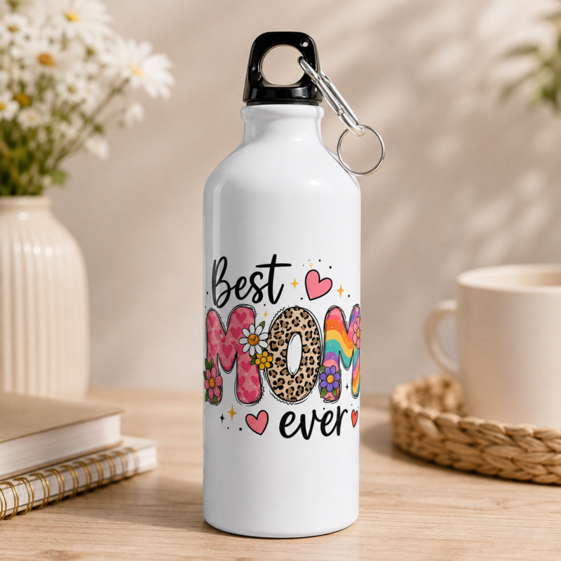 White Best Mom gift water bottle with colorful MOM lettering, hearts and flowers