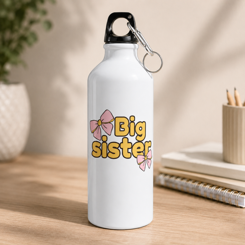White Big Sister gift water bottle with yellow lettering and pink bow graphics