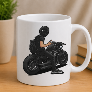 Bike lover sticker featuring a helmeted motorcycle rider sitting on a motorcycle with a backpack