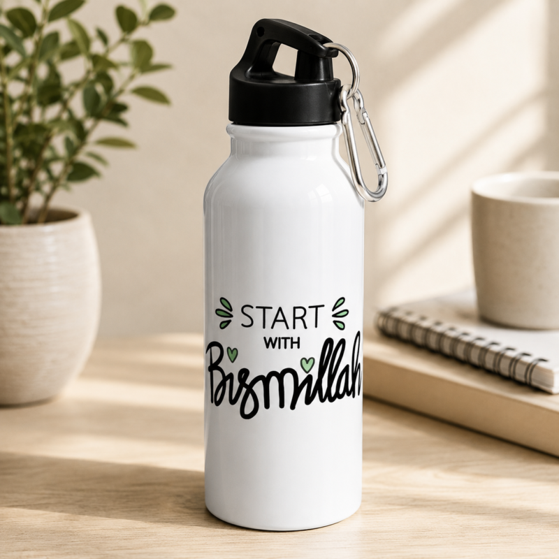 White Bismillah water bottle with “Start With Bismillah” Islamic-inspired design
