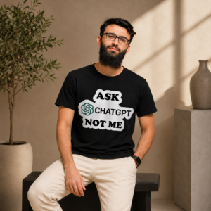 Black Ask ChatGPT Not Me graphic T-shirt with AI-themed front design