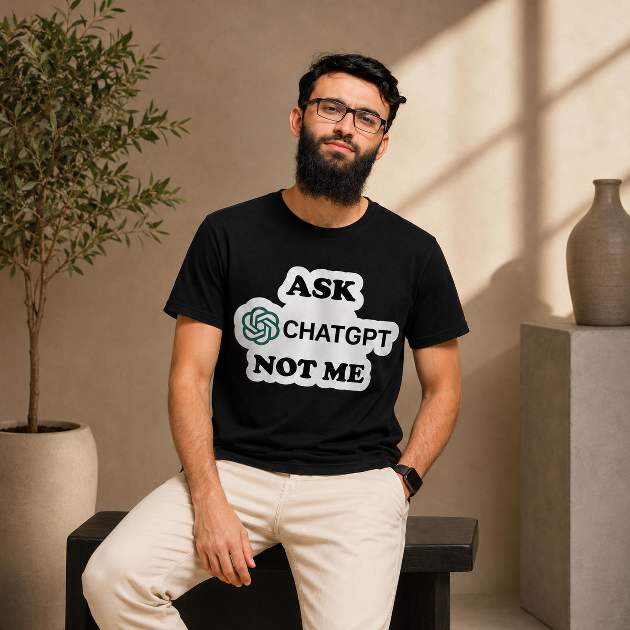 Black Ask ChatGPT Not Me graphic T-shirt with AI-themed front design