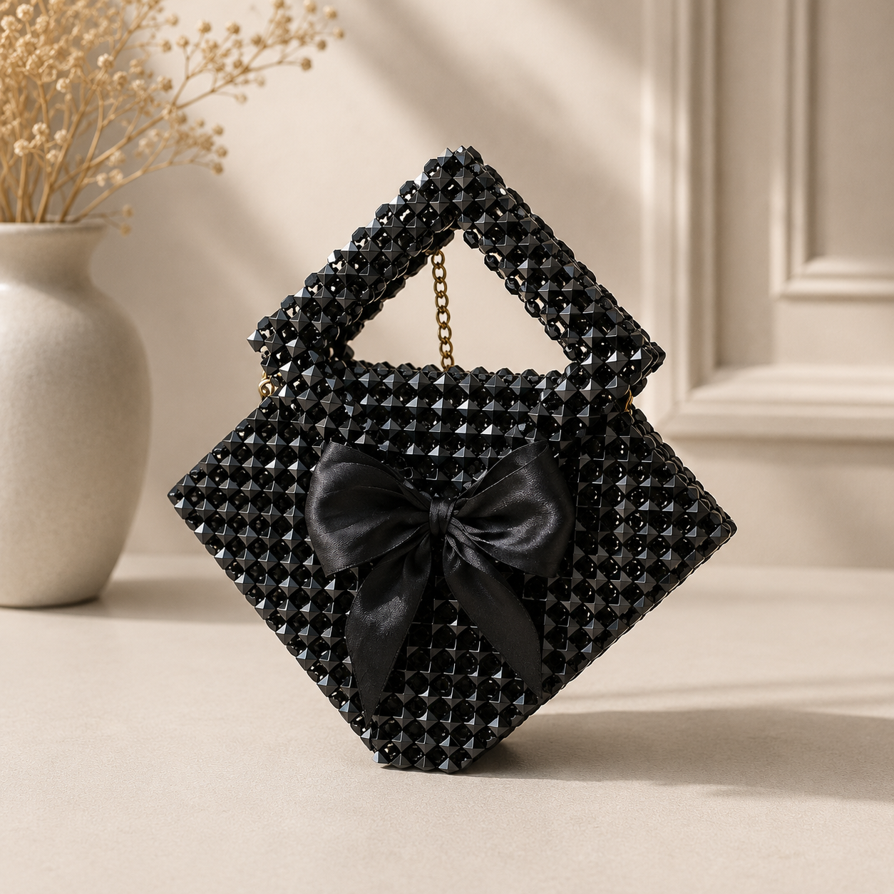 Black Beaded Handmade Bow Bag
