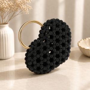 Black Beaded Handmade Ring Handle Bag