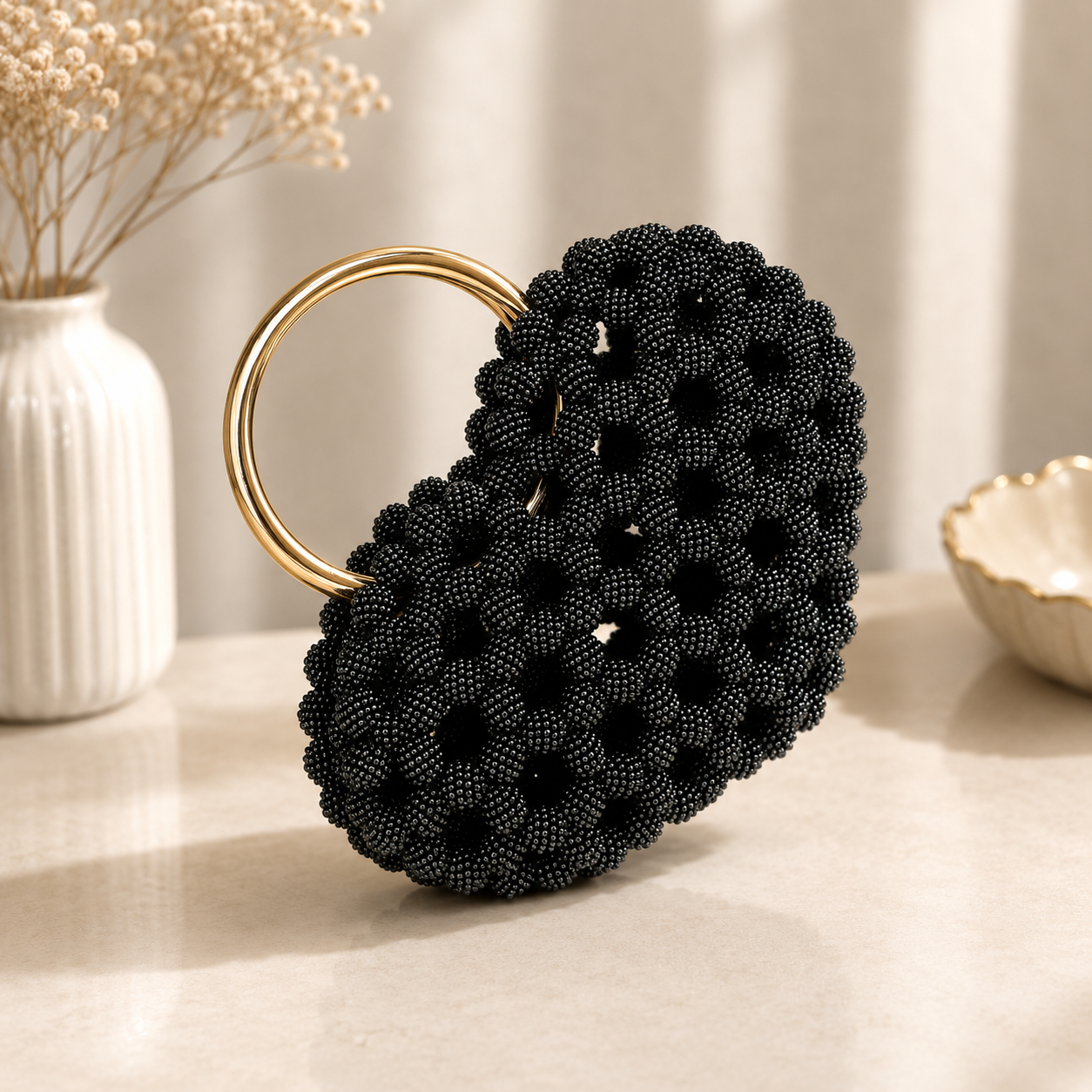 Black Beaded Handmade Ring Handle Bag
