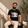 Black cartoon bear graphic printed T-shirt with colorful front design
