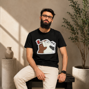 Black cartoon bear graphic printed T-shirt with colorful front design