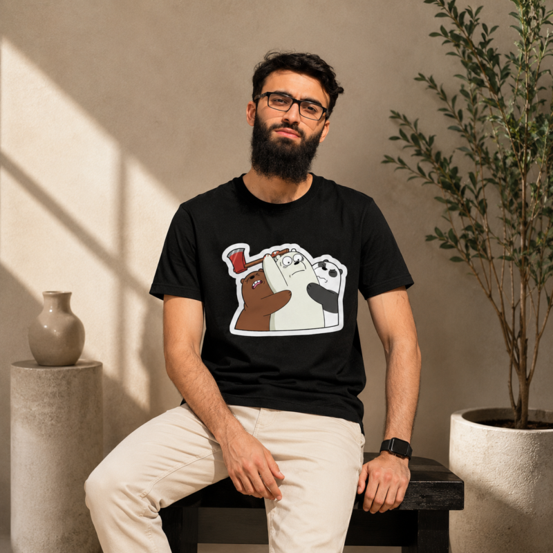 Black cartoon bear graphic printed T-shirt with colorful front design