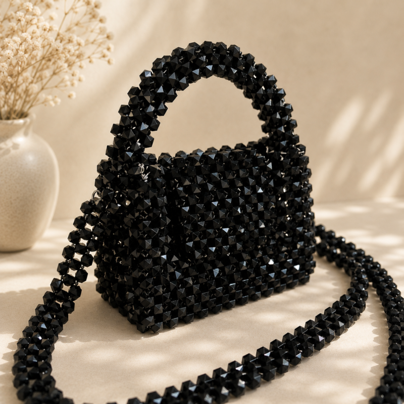 Black Crystal Beaded Handmade Chain Bag