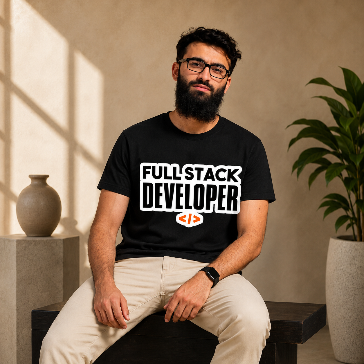 Black Full Stack Developer T-shirt with coding symbol graphic