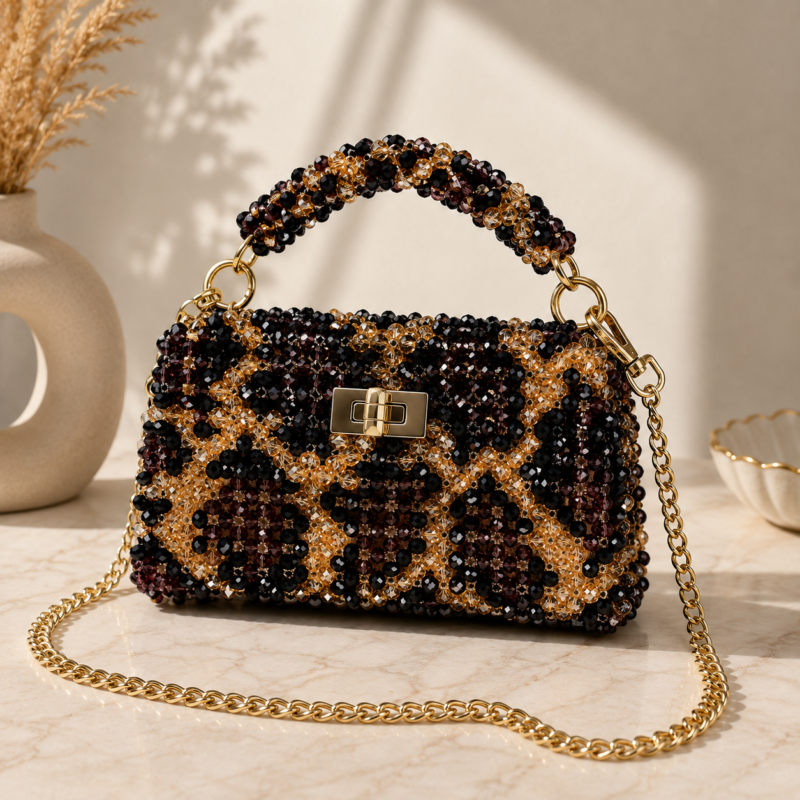Black & Gold Crystal Beaded Handmade Chain Bag