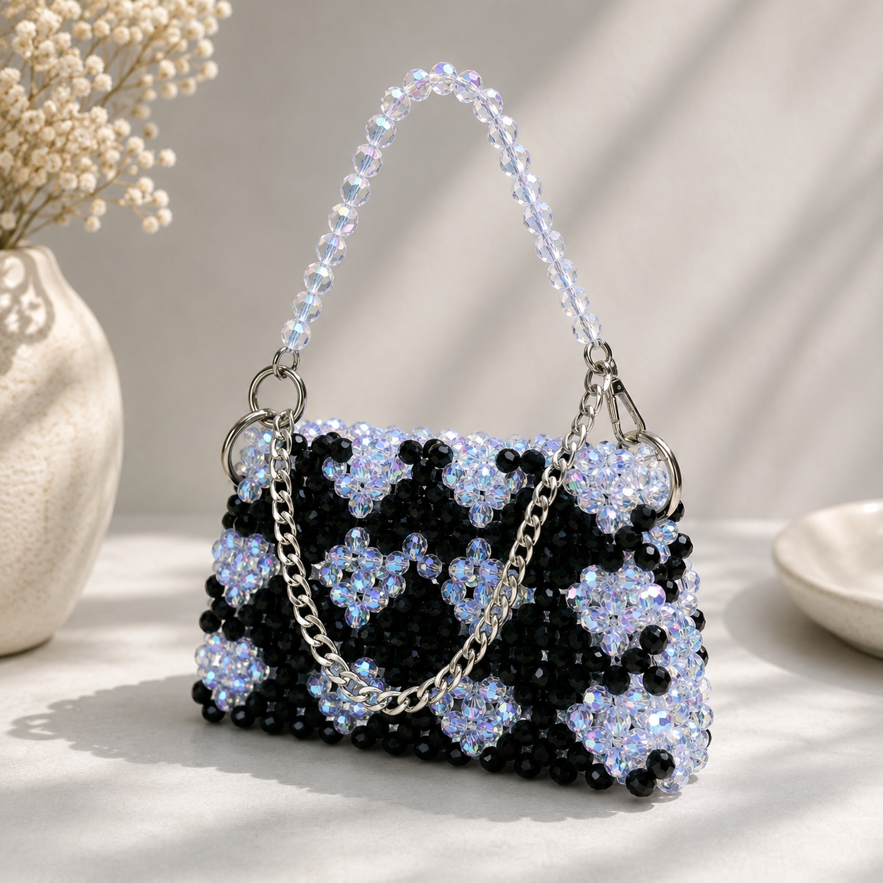 Black & Iridescent Crystal Beaded Handmade Chain Bag