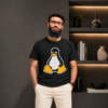 Black Linux T-shirt with Tux-style penguin graphic