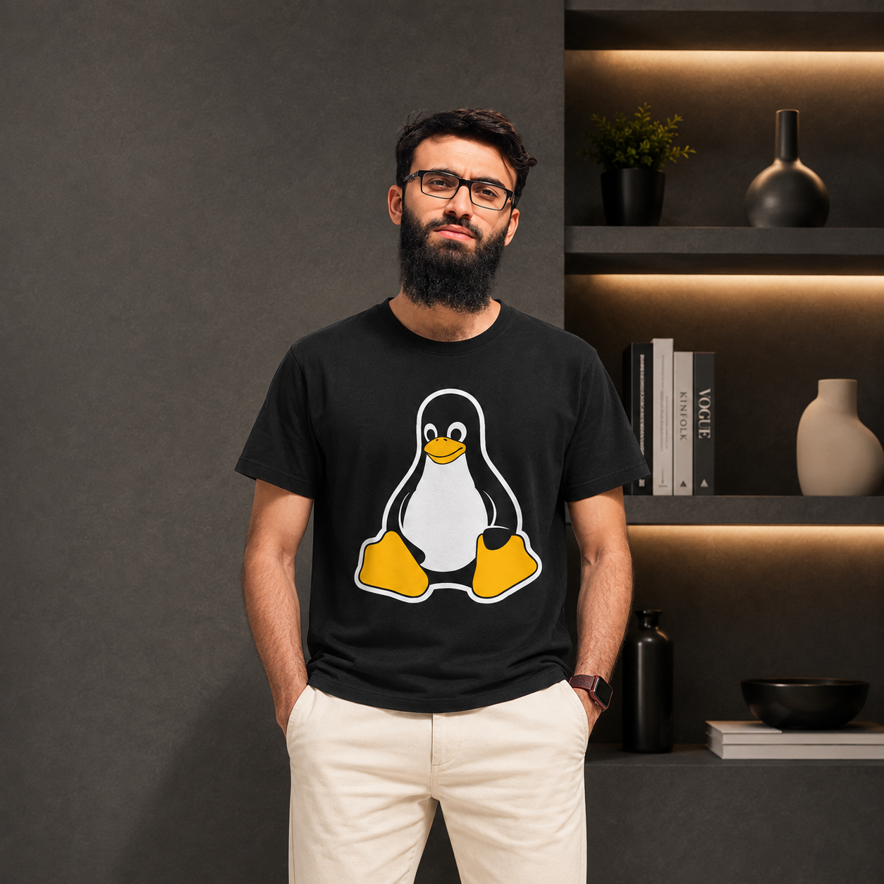 Black Linux T-shirt with Tux-style penguin graphic