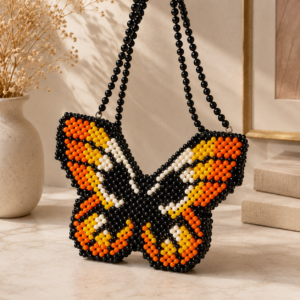 Black Orange Beaded Butterfly Handmade Shoulder Bag