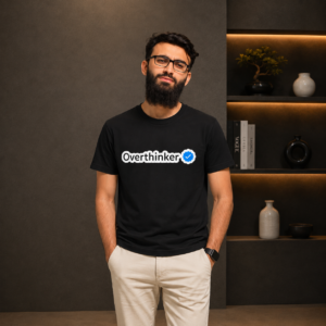 Black Overthinker graphic printed T-shirt with blue checkmark-style design