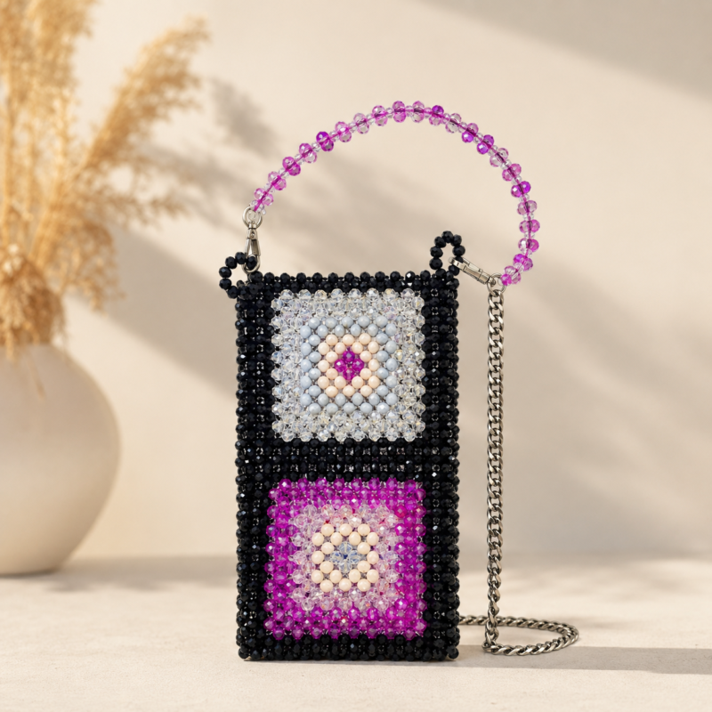 Black Pink Beaded Handmade Mini Chain Bag