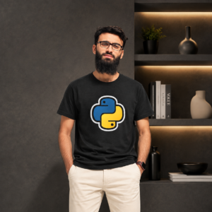 Black Python programming T-shirt with blue and yellow Python logo