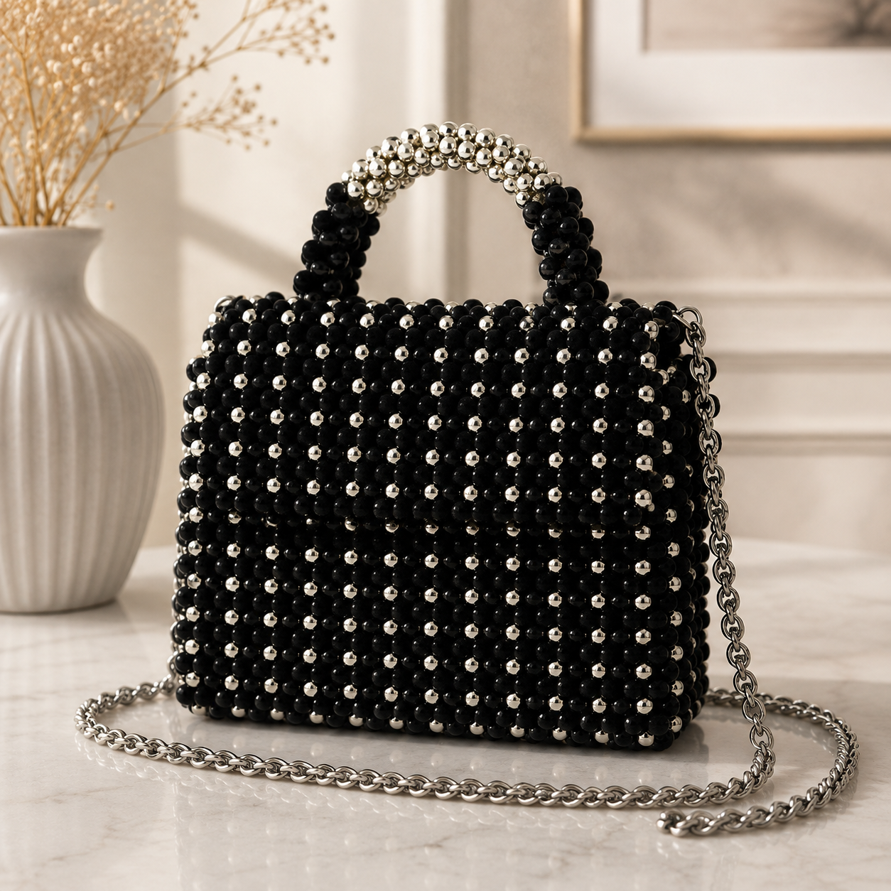 Pink Pearl Beaded Handmade Chain Bag
