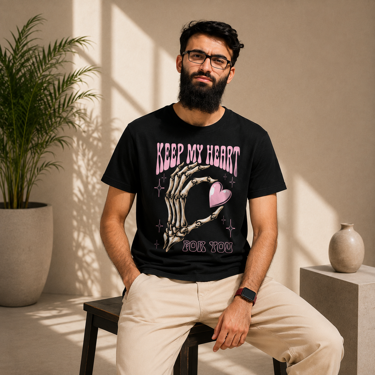 Black Skeleton Heart Graphic T-Shirt