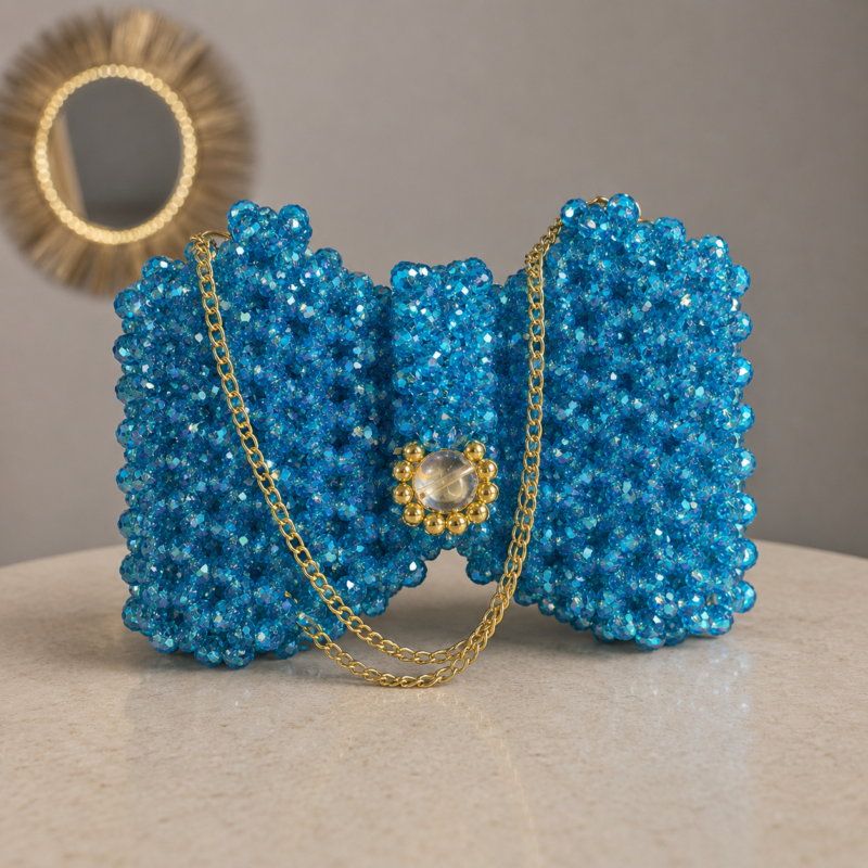 Blue Crystal Beaded Handmade Chain Bag