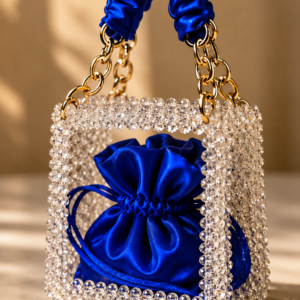 Blue Crystal Beaded Handmade Drawstring Chain Bag