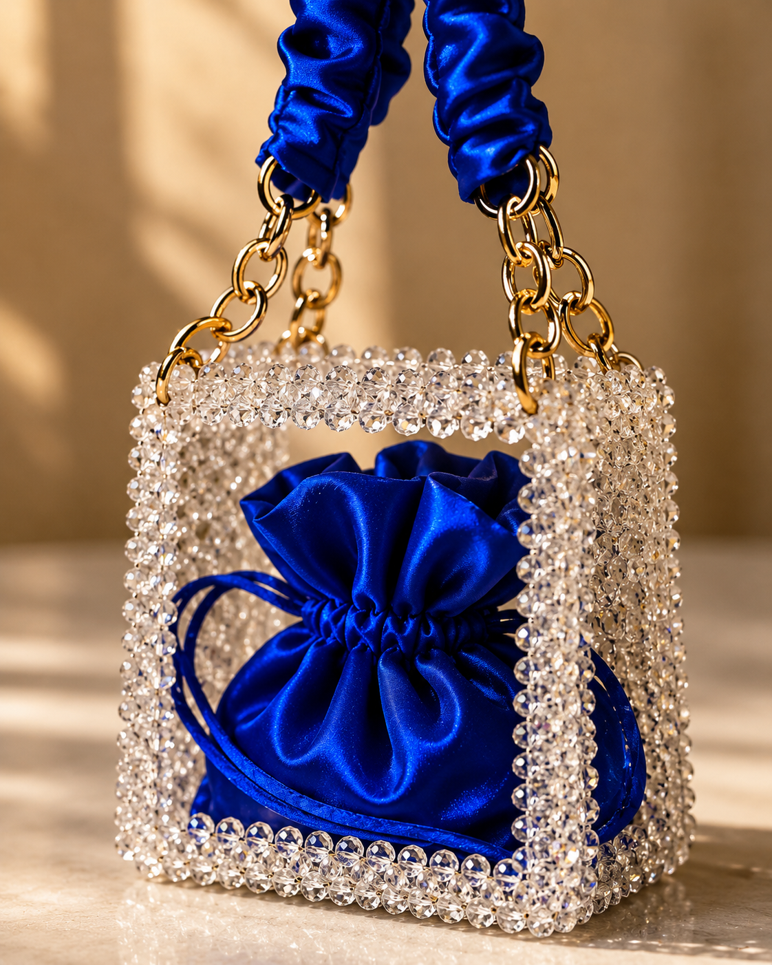 Blue Crystal Beaded Handmade Drawstring Chain Bag