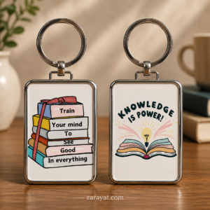 Book lover keychain with colorful books and Knowledge Is Power design
