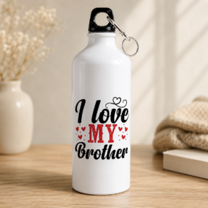 White brother gift water bottle with "I love MY Brother" text, red hearts and black cap