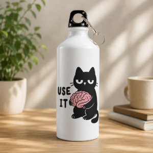 White cat graphic water bottle featuring a black cat holding a pink brain and "USE IT" text
